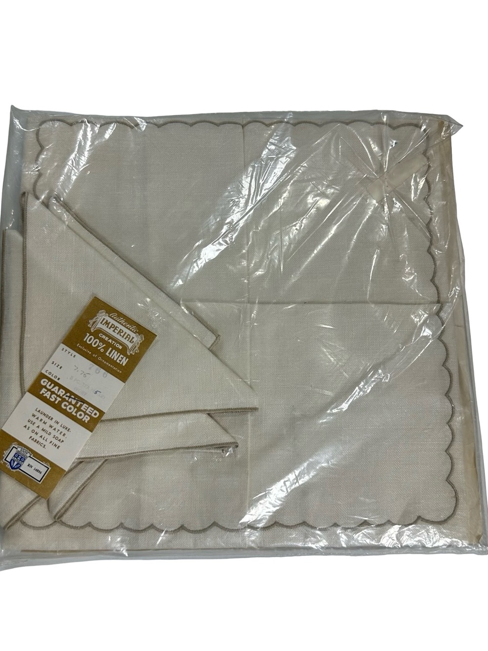 Vtg 50s Imperial 100% Belgian Linen Tablecloth 4 Napkins Tea Set Ivory 42x42 NIP
